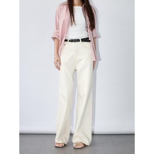 twosweet【白褲子標桿】上乘100%長絨棉米白時髦寬松直筒牛仔長褲