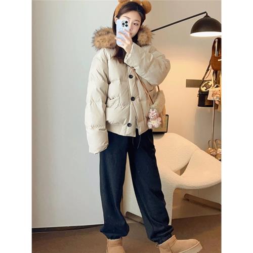 2024年新款羽絨服女短款加厚寬松大毛領韓國東大門連帽冬裝外套