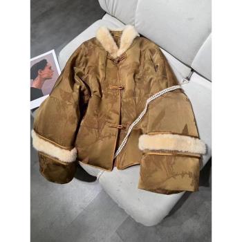 新中式國風水貂毛提花90白鴨絨羽絨服女2023冬季新款保暖盤扣外套