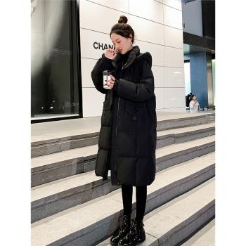 中長款黑色羽絨服女款2023年冬季新款韓版寬松白鴨絨加厚連帽外套