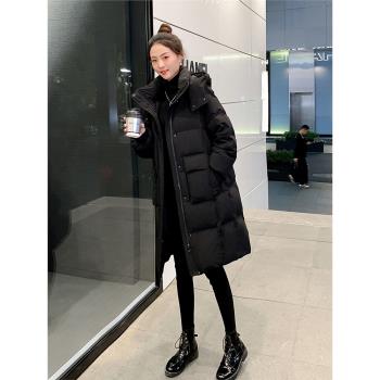 中長款黑色羽絨服女2023年冬季新款韓版寬松90白鴨絨加厚連帽外套
