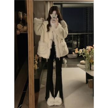 OOTD高階感氣質奶白色皮草外套女秋冬新款寬松夾棉加厚保暖上衣