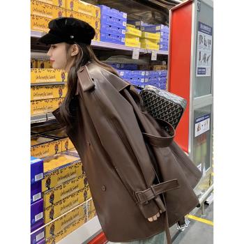 高階感pu美拉德穿搭中長款皮風衣