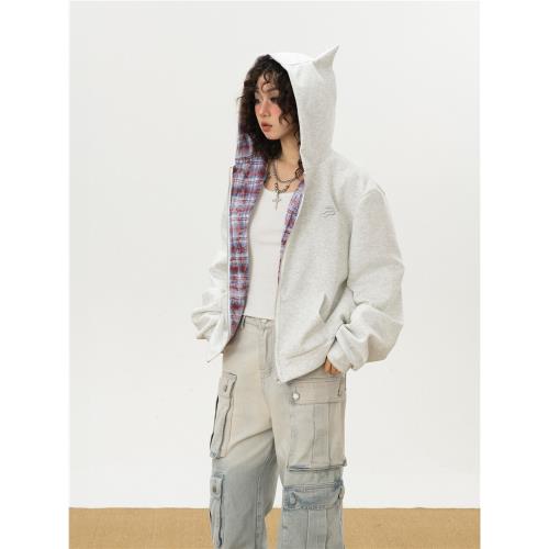 美式復古格子連帽衛衣外套女春秋2024新款秋季設計感短款情侶開衫