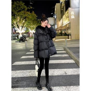 黑色連帽保暖中長款韓版羽絨服