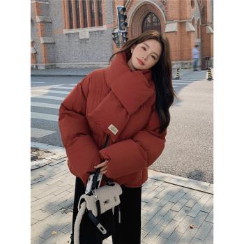 紅色加厚保暖圍脖羽絨服女冬2024新款學院短款麵包服90白鴨絨外套