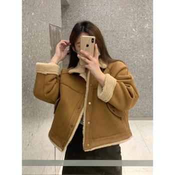 美拉德羊羔毛外套女秋冬季2024新款皮毛一體麂皮絨小個子短款棉服