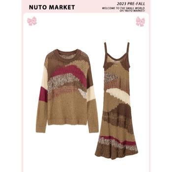 NUTO美式復古撞色鏤空針織上衣