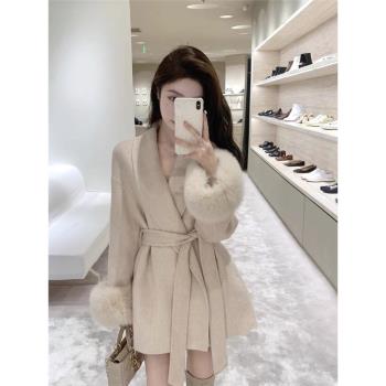 網紅洋氣時尚千金歸來毛呢外套女冬季慵懶風狐貍毛短款斗篷大衣