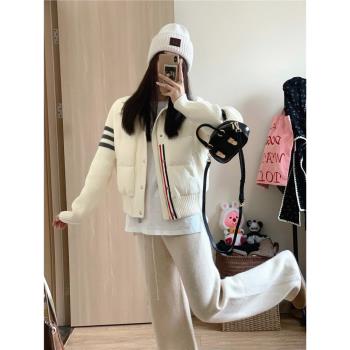 白色輕薄短款羽絨服女2024秋冬新款白鴨絨高階感拼接針織保暖外套