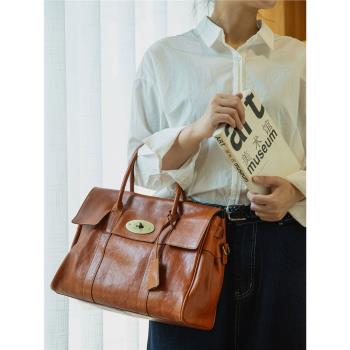 如柒頭層植鞣牛皮大容量通勤百搭真皮托特包電腦包手提公文女包