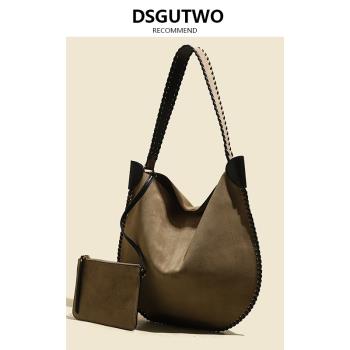 DSGUTWO 2024秋新款手工編織美拉德風磨砂真皮麂皮單肩水桶包斜挎