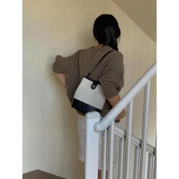 depound韓國小眾真皮單肩帆布包