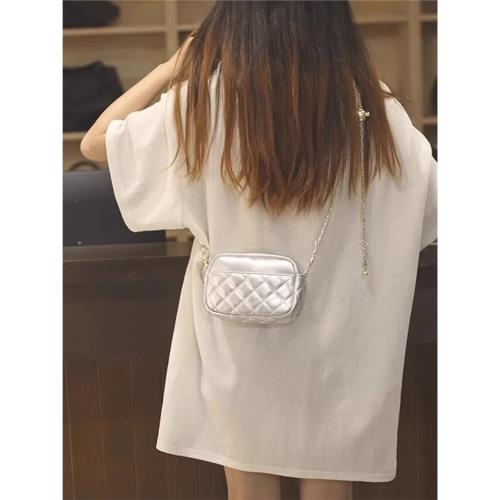 韓版高級感迷你小包包女2025新款銀色菱格鏈條包洋氣斜挎包