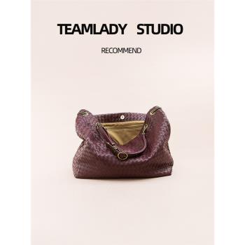 TEAMLADY鎖扣手工編織包頭層羊皮