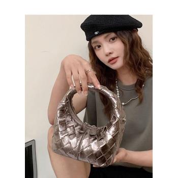 小眾手工金銀菱格編織手提包女MK2024秋新款高階感牛皮鏈條斜挎包