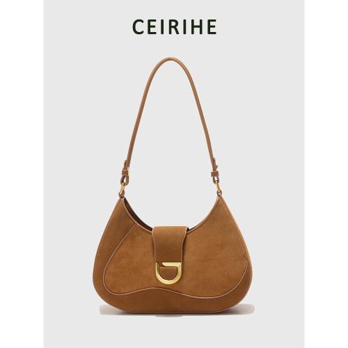 CEIRIHE 原創設計麂皮腋下包包女2025春夏新款復古單肩斜挎月牙包