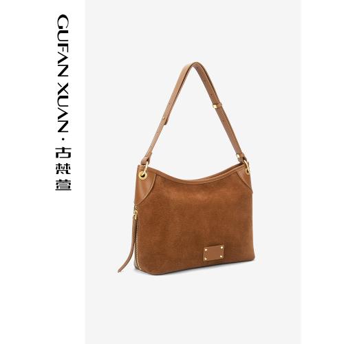 【古梵萱】包包女2025新款女包麂皮斜挎包真皮高級絨面單肩托特包