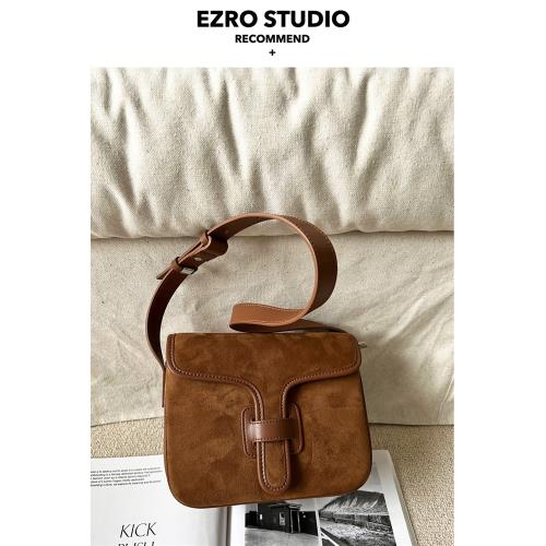 【EZRO】復古高級真皮磨砂絨布馬鞍包質感洋氣百搭新款女包斜挎包