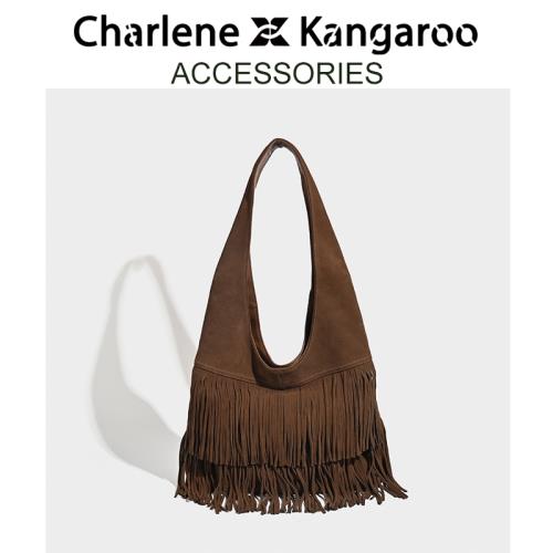 CHARLENE&KANGAROO原創麂皮絨手工流蘇托特包女高級感手提單肩包