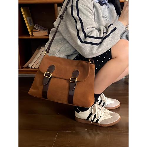 ETTE郵差包熱巴同款小眾復古棕色頭層牛皮麂皮手提單肩斜挎腋下包