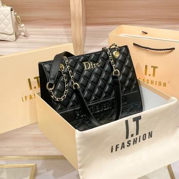 Diro名牌奢侈品菱格大容量時尚托特包女真皮鏈條單肩大包2024新款