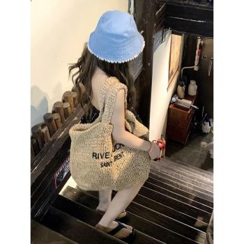 法式海邊度假大容量草編托特包包女夏天2024新款通勤單肩編織包女