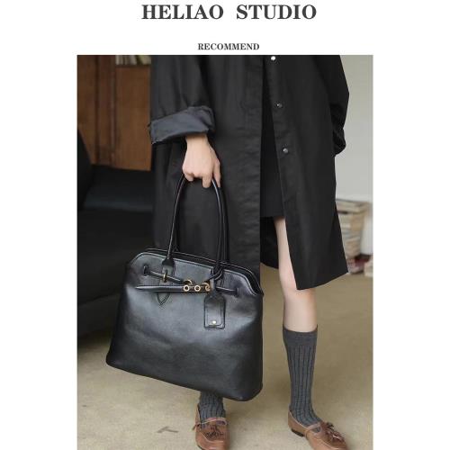 【HELIAO】托特包 高級感輕奢復古通勤公文包軟皮大容量單肩包包