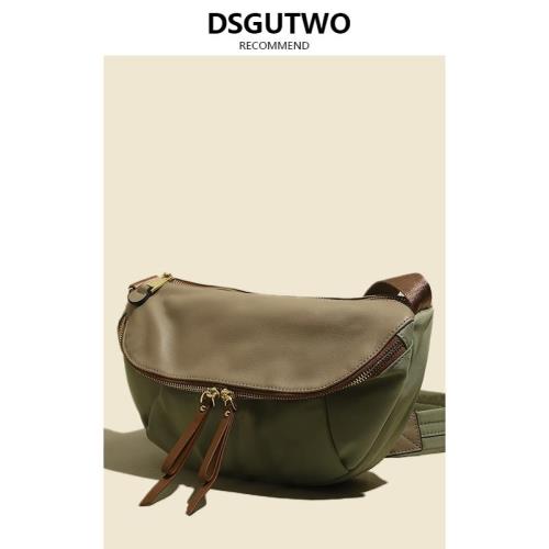 DSGUTWO 休閑斜挎包小眾設計感小腰包頭層牛皮女包文藝復古馬鞍包