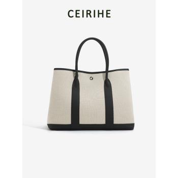 CEIRIHE 帆布配牛皮花園包真皮通勤托特包女大容量手提單肩斜挎包