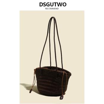 DSGUTWO 法式復古編織包包2024新款高階感水桶包小眾法式菜籃子包