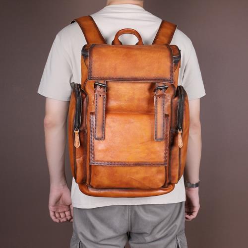 真皮雙肩包旅行背包男士大容量多功能頭層牛皮旅游出差復古電腦包