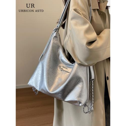 高級感大容量包包女式2025新款銀色雙肩斜挎包輕奢小眾通勤托特包