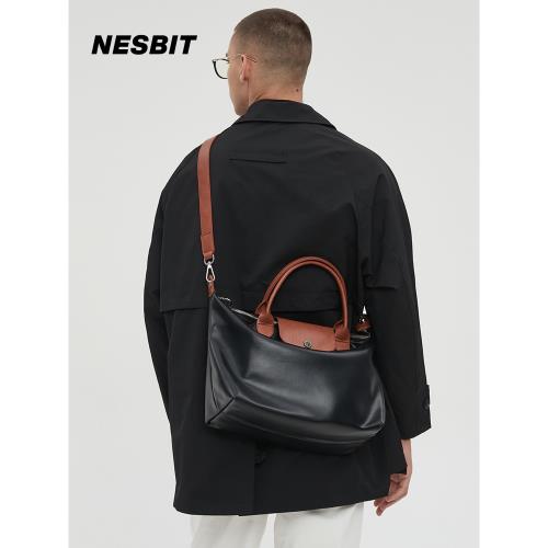 NESBIT小眾復古質感男包PU軟皮斜挎包上班通勤手提包餃子包