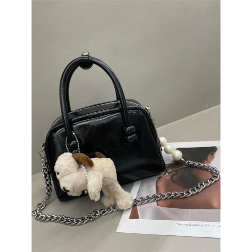 LAURA原創女包2025新款波士頓手提包油蠟皮保齡球單肩斜挎包牛皮