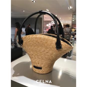 CELNA沙灘度假草包24秋夏季時尚草編撞色水桶手提女士迷你托特包