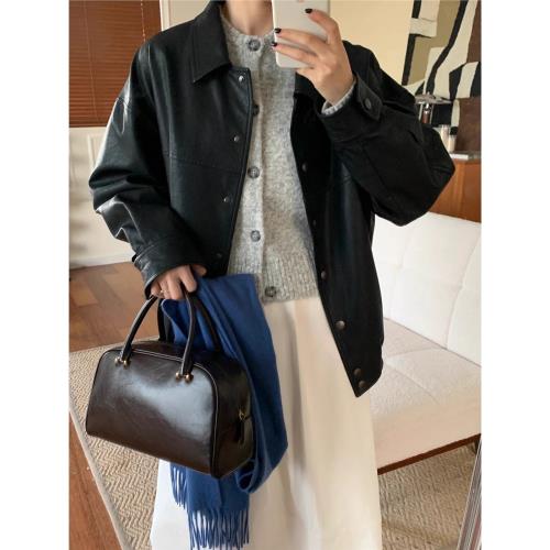 韓國小眾波士頓包大容量油蠟牛皮手提包復古休閑單肩斜挎保齡球包