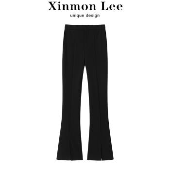 XinmonLee黑色高腰顯瘦微喇休閑褲冬季加厚女設計感開叉包臀長褲