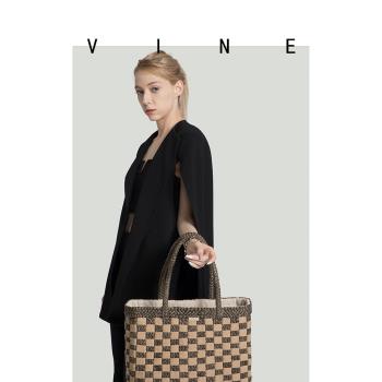 VINE維內 春夏新款原創設計方格系列休閑編織手工草編包托特包