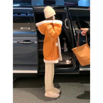 高階感兩面穿羊羔毛女2024年秋冬季新款連帽加厚寬松毛絨大衣外套