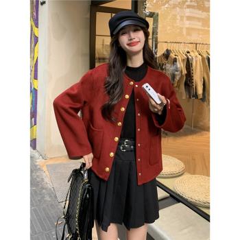 紅色雙面呢羊毛大衣2024年冬季新款小個子小香風毛呢外套雙面羊絨