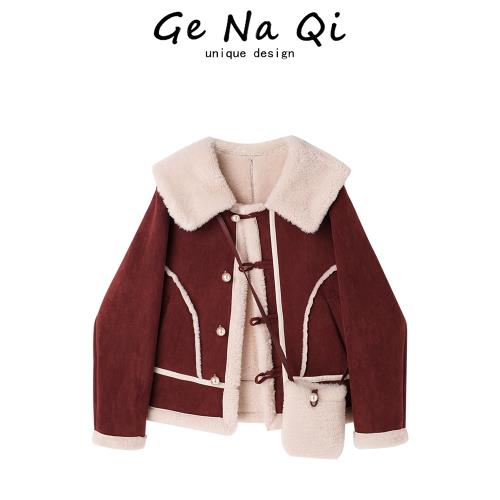 GeNaQi大翻領羊羔毛加厚短款上衣女冬季新款韓系時尚包包保暖外套