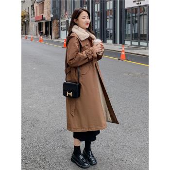 咖色韓系休閑加厚保暖風衣式派克服外套女2024年冬季新款棉服大衣