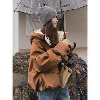 美拉德復古寬松工裝保暖連帽加厚外套女2024冬季新款小個子派克服