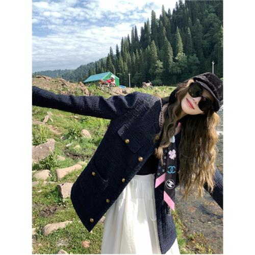 秋冬編織粗花呢藏青色小香風外套女中長款高級感小眾顯瘦百搭上衣