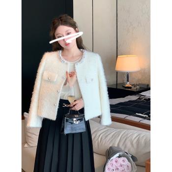 FFmiss◆小香風珍珠羊毛呢流蘇短款外套輕奢加厚白色釘珠毛毛開衫