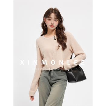 XinmonLee秋冬高階感不規則拉鏈針織開衫寬松百搭短款外套女上衣