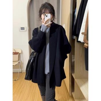 法式黑色毛衣外套女秋冬小個子外搭加厚針織開衫慵懶風中長款上衣