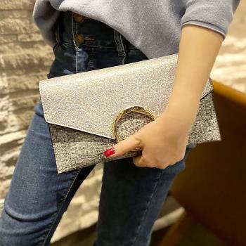 潮牌真皮手拿包女圓環閃粉時尚單肩斜跨小包個性晚宴年會禮服女包