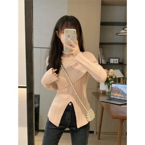 ms甜末末 早春新款設計感V領修身顯瘦遮肉長袖針織上衣交叉毛衣女